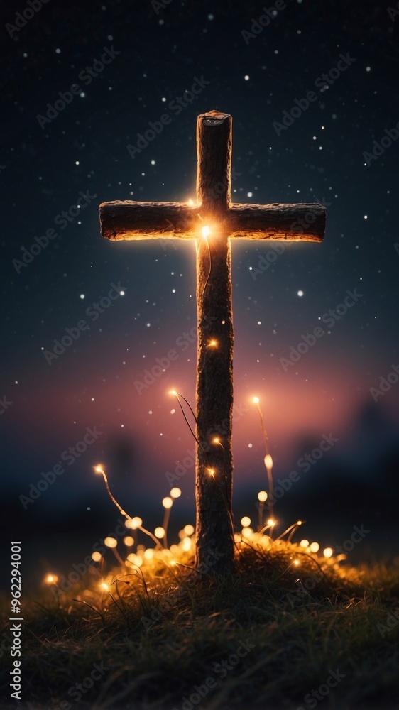 Glowing Cross Surrounded by Dazzling Fireflies in Mystical Nighttime Landscape.
