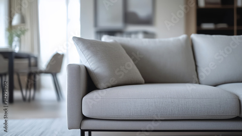 Close up of a gray sofa in a modern minimalist living room