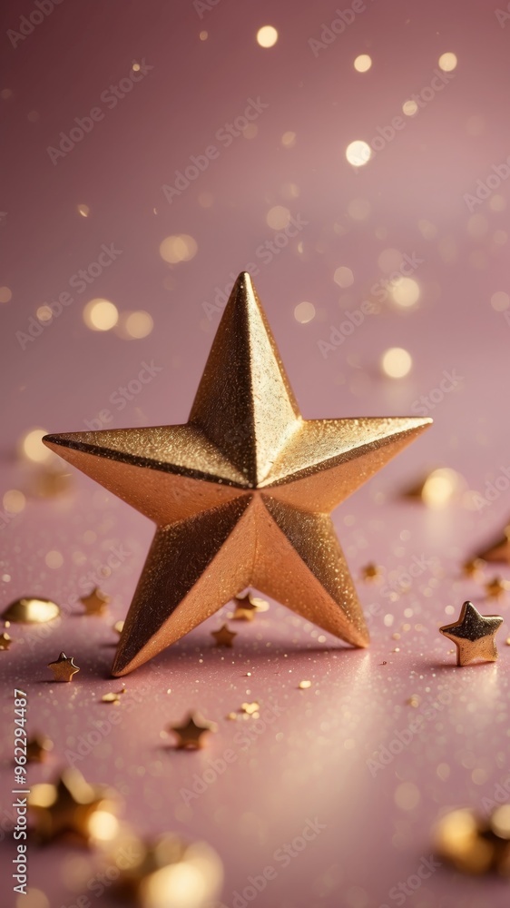 Golden number five and star on pink background. Golden number five and star on pink background.
