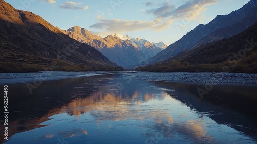  Water body enveloped by mountain range, under blue-grey clouds, mirrored in water below