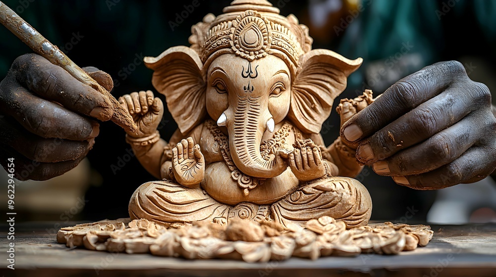 Indian Craftsman Finishing Wooden Ganesha Statue Indian Craftsman Finishing Wooden Ganesha Statue
