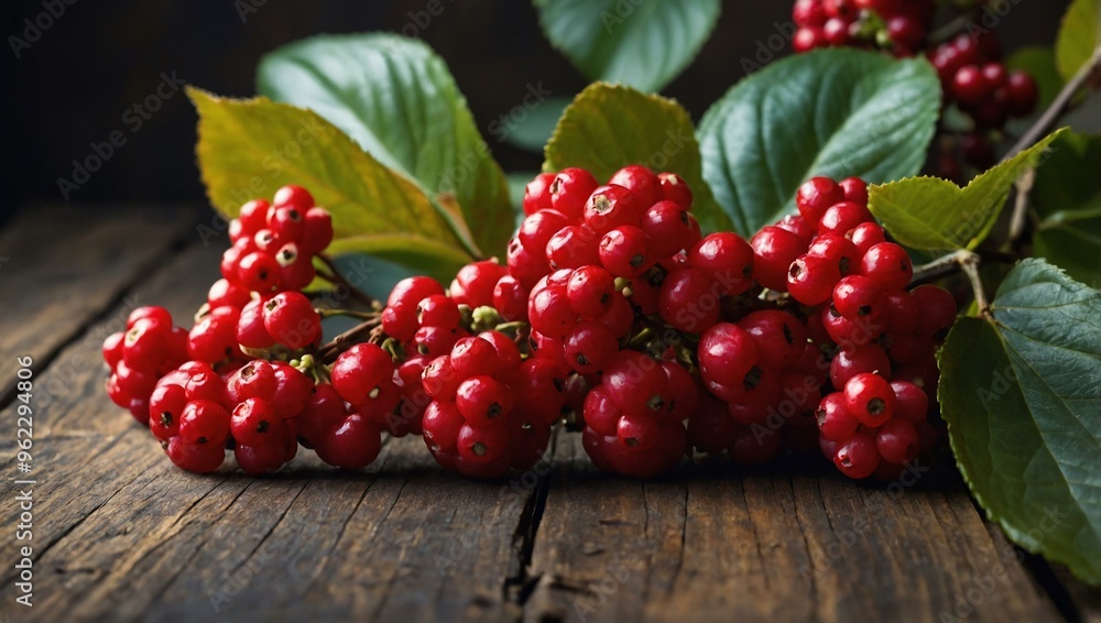 A cluster of ripe viburnum berries and leaves on a wooden table, with space for text or design. A cluster of ripe viburnum berries and leaves on a wooden table, with space for text or design.