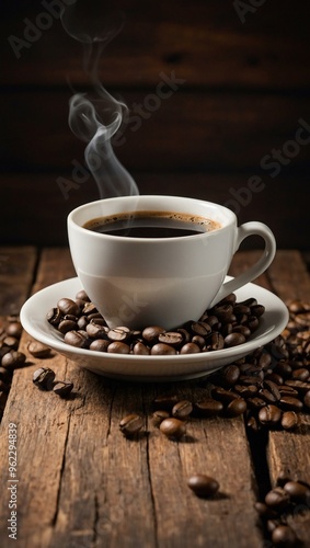 A coffee cup accompanied by coffee beans on a wooden table, offering space for text or design.