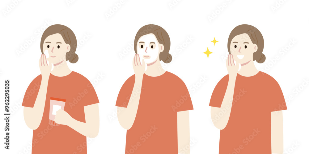 Set of woman applying lotion cream and wearing facial mask. Happy woman with smooth clean skin. Beauty, skincare, treatment, lifestyle, cleansing concept. Flat character vector design illustration. Set of woman applying lotion cream and wearing facial mask. Happy woman with smooth clean skin. Beauty, skincare, treatment, lifestyle, cleansing concept. Flat character vector design illustration.