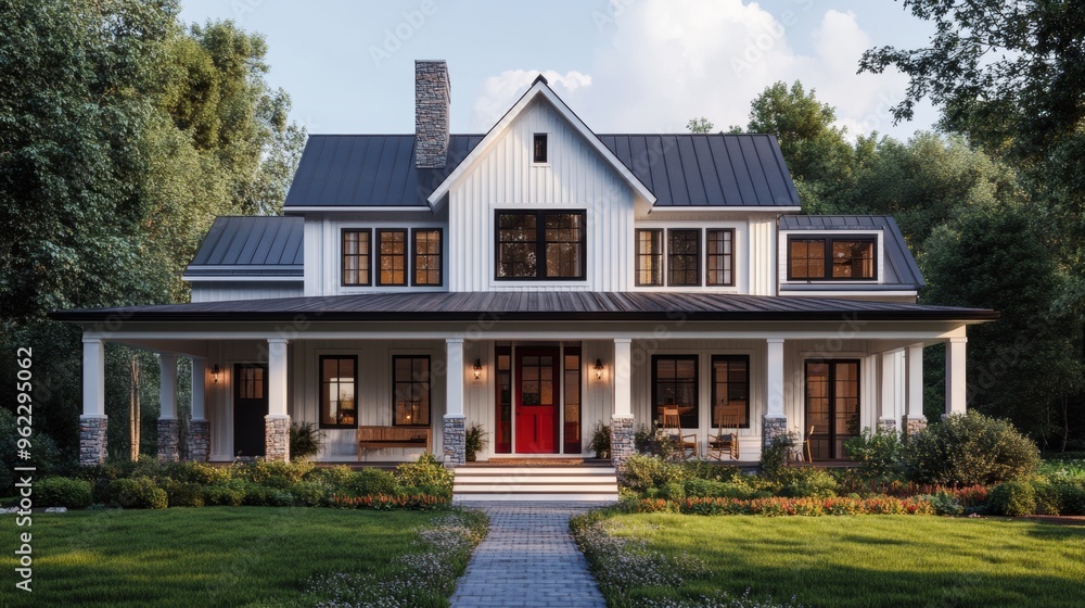 rustic farmhouse design, inviting modern farmhouse with a beautifully landscaped exterior, wrap-around porch, and charming red door, beckoning you inside rustic farmhouse design, inviting modern farmhouse with a beautifully landscaped exterior, wrap-around porch, and charming red door, beckoning you inside