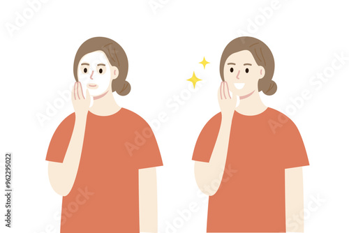 Woman wearing facial mask on face. Happy woman with smooth clean skin. Beauty, cosmetic, skincare, treatment, lifestyle, cleansing, hygiene concept. Flat people character vector design illustration. 