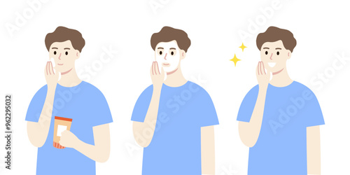 Set of man applying lotion cream and wearing facial mask. Happy man with smooth clean skin. Beauty, skincare, treatment, lifestyle, cleansing concept. Flat character vector design illustration.