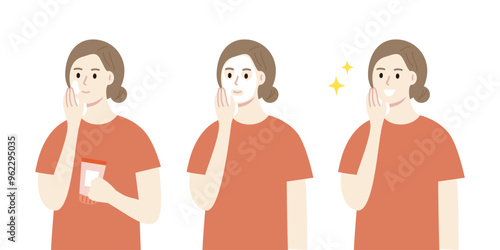 Set of woman applying lotion cream and wearing facial mask. Happy woman with smooth clean skin. Beauty, skincare, treatment, lifestyle, cleansing concept. Flat character vector design illustration.