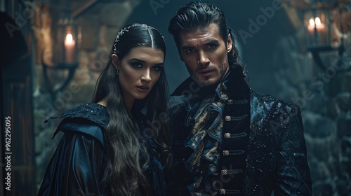 A stylish vampire couple posing together in a dimly lit ancient castle setting at night