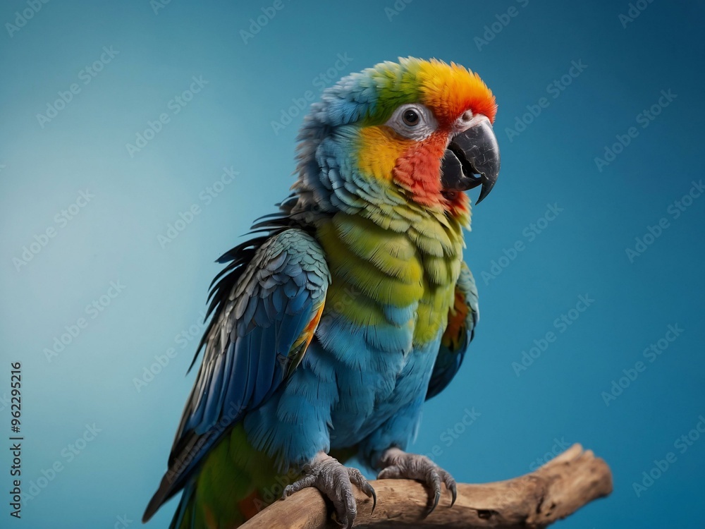 A colorful baby parrot perched against a vivid blue background, presented in ultra HD. A colorful baby parrot perched against a vivid blue background, presented in ultra HD.