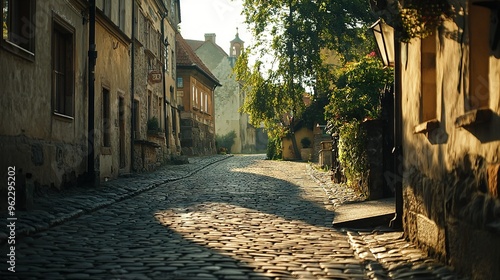 Fototapeta Naklejka Na Ścianę i Meble -    An ancient town's cobblestone street leads to a clock tower