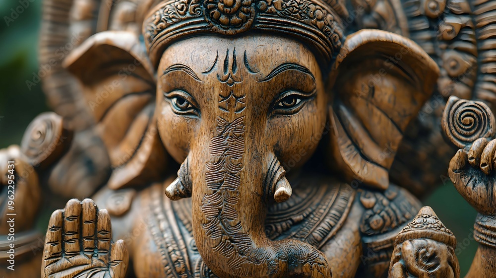 Fototapeta premium Ganesha Statue Hindu God Wooden Carving