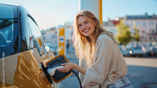A young woman smiles as she charges an electric vehicle at a charging station in a bright, sunny setting.