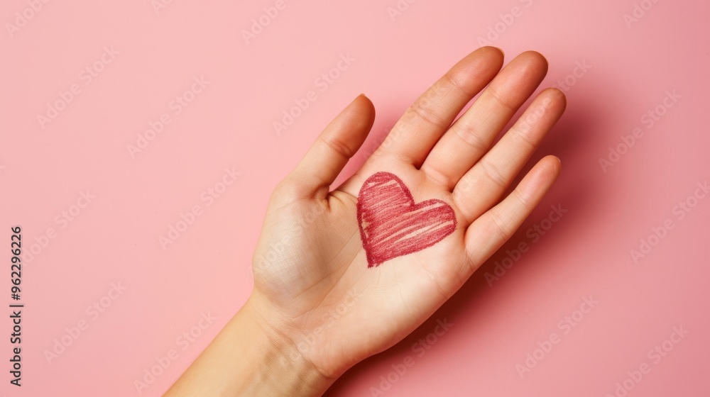 Close-up of an open hand with a red heart symbol sketched on the palm, placed against a vibrant pink background. This image captures themes of love, compassion, and positivity, perfect for creative Close-up of an open hand with a red heart symbol sketched on the palm, placed against a vibrant pink background. This image captures themes of love, compassion, and positivity, perfect for creative