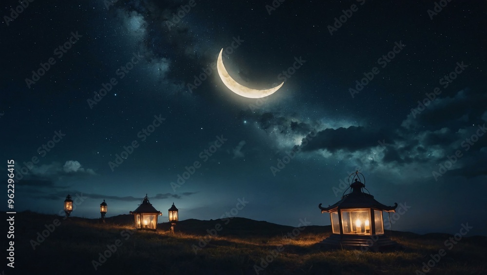 A dreamy scene with a crescent moon, lanterns, and fluffy clouds on a starry night. A dreamy scene with a crescent moon, lanterns, and fluffy clouds on a starry night.
