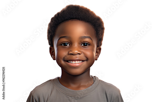 Young black boy smiling on transparent background. PNG cut out. Vector. Childhood themes. African boy. Afro-American boy. Image for graphic designer. Image for flyers.