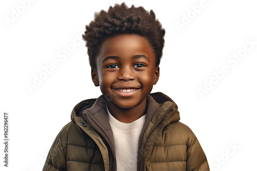 Young black boy smiling on transparent background. PNG cut out. Vector. Childhood themes. African boy. Afro-American boy. Image for graphic designer. Image for flyers.