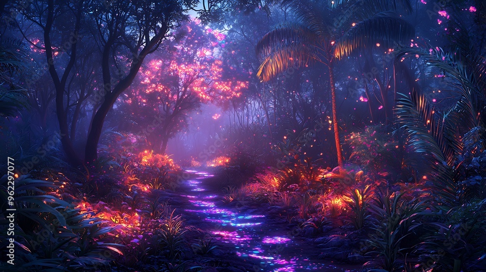 Fototapeta premium Glowing bioluminescent forest trees and plants emitting vibrant colors in the darkness
