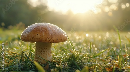 Wallpaper Mural   Close-up of a mushroom in a green field, illuminated by sunlight filtering through the surrounding tree canopy Torontodigital.ca