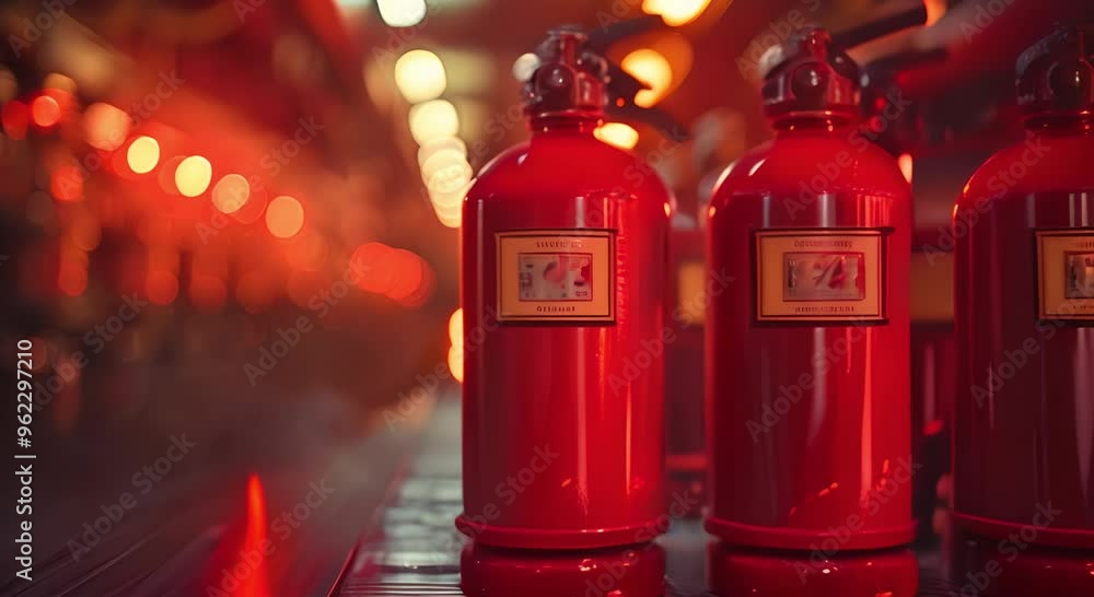 Three Blue Fire Extinguishers Against a Blurry Blue Background Three Blue Fire Extinguishers Against a Blurry Blue Background