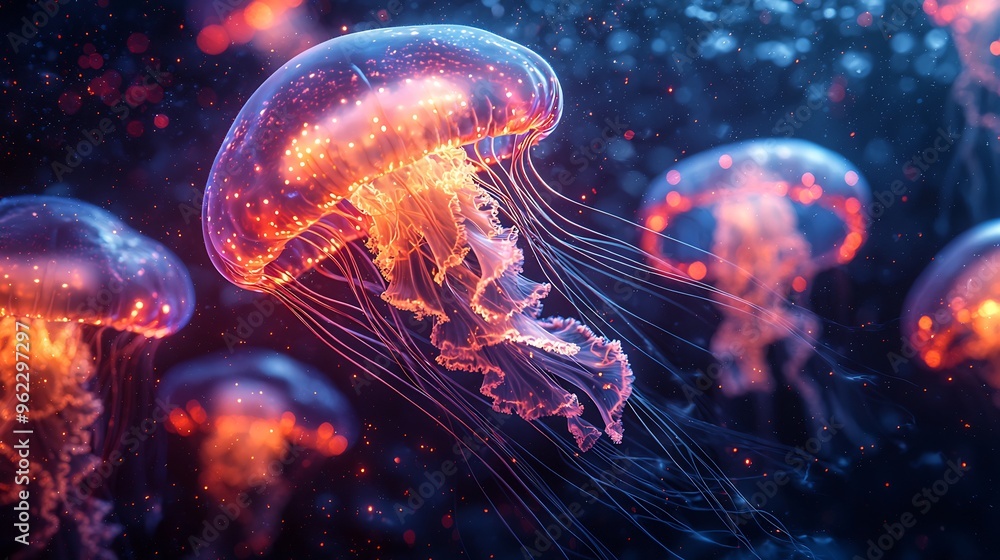 Naklejka premium Glowing jellyfish a deep blue ocean with bioluminescent colors creating a mystical scene