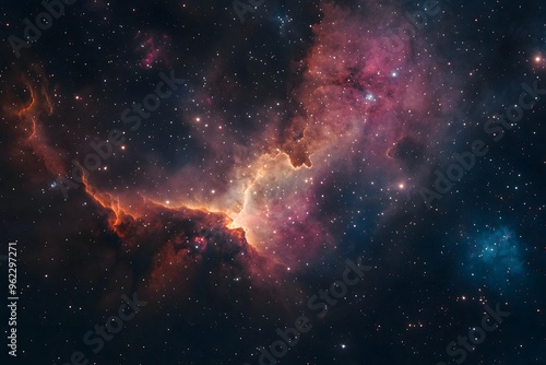 A vibrant nebula glows in the dark cosmos, filled with sparkling stars. photo