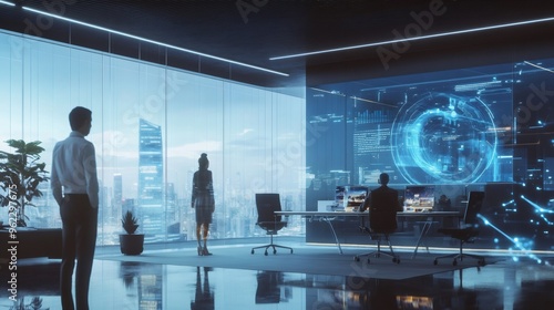 Three business people stand in a modern office with large windows looking out at the city skyline. A large screen displays a hologram of a global network connection.