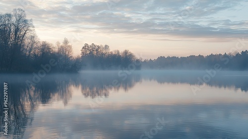  A tranquil water scene featuring lush greenery and a hazy atmosphere, punctuated by distant cloud formations