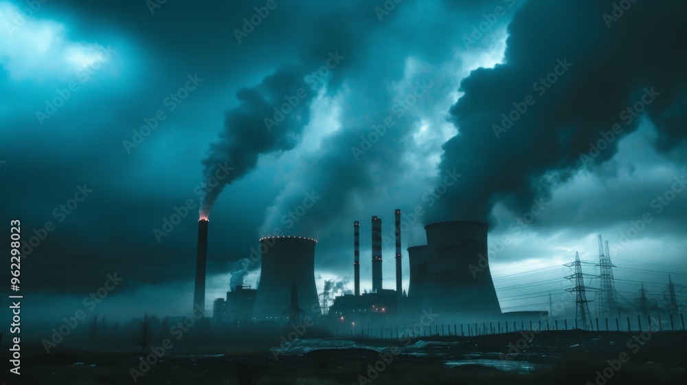 A power plant with towering smokestacks releasing dense smoke into a dark, cloud-filled sky. The ominous atmosphere emphasizes the environmental and ecological impact of industrial activities, making A power plant with towering smokestacks releasing dense smoke into a dark, cloud-filled sky. The ominous atmosphere emphasizes the environmental and ecological impact of industrial activities, making