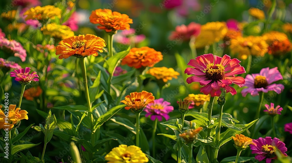 A field filled with colorful flowers, with a lush green and yellow center surrounded by vibrant red and yellow blooms A field filled with colorful flowers, with a lush green and yellow center surrounded by vibrant red and yellow blooms