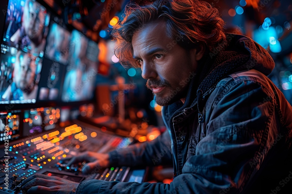 a man sitting at a control panel. a man sitting at a control panel.