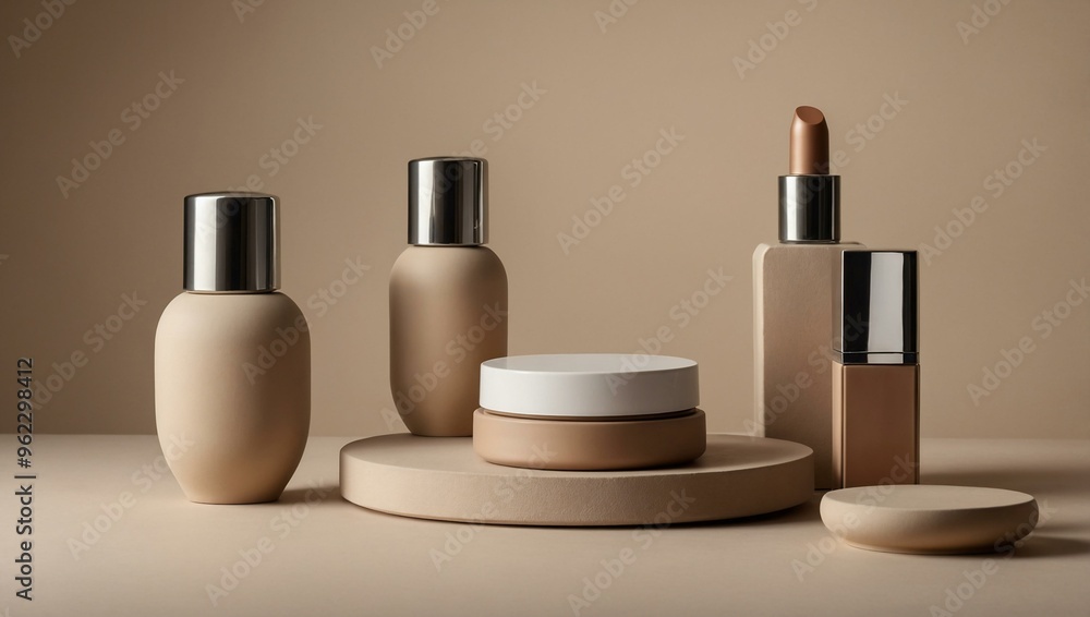 A minimalist beauty pedestal with vacant cosmetic platforms on a beige background, ideal for product displays with space for text. A minimalist beauty pedestal with vacant cosmetic platforms on a beige background, ideal for product displays with space for text.