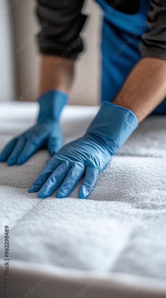 Fototapeta premium Hands in Blue Gloves Cleaning White Mattress 