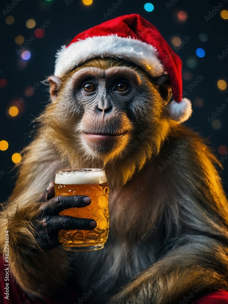 A monkey in a Santa hat, wrapped in festive Christmas lights and holding a beer mug. A monkey in a Santa hat, wrapped in festive Christmas lights and holding a beer mug.