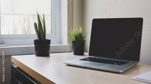 Wallpaper Mural Laptop on a Desk with Plants and Window Torontodigital.ca