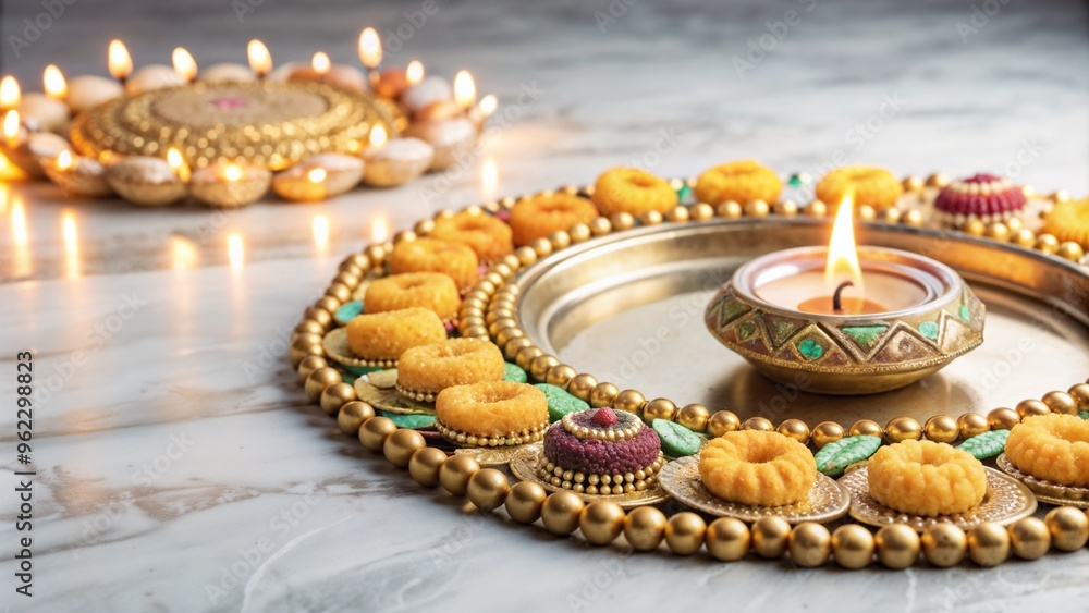 Diwali Sweets and Lit Diya on Decorative Plate Diwali Sweets and Lit Diya on Decorative Plate