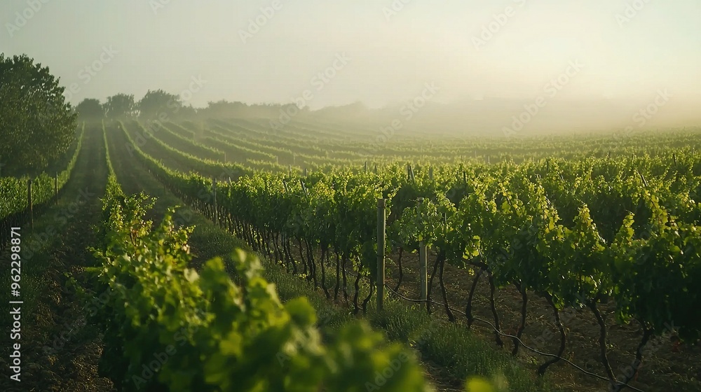 Fototapeta premium Foggy vineyard with vines in front and distant trees