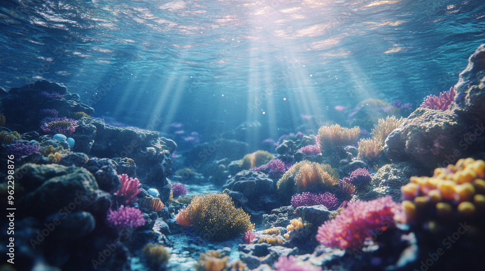 Fototapeta premium Vibrant underwater landscape featuring colorful coral reefs illuminated by sunlight in a serene ocean environment during midday