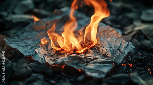 Fire consumes crumpled paper among ashes and embers in a dimly lit outdoor environment during evening hours