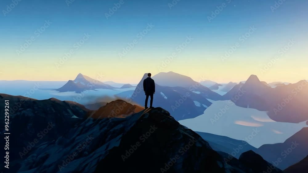 A breathtaking view from the summit at dawn with a figure and a dog against a stunning horizon in the mountains A breathtaking view from the summit at dawn with a figure and a dog against a stunning horizon in the mountains