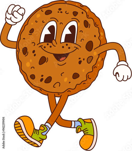 Cartoon groovy Christmas gingerbread cookie character with a lively expression and bright retro sneakers. Isolated vector festive holiday pastry, round cookie with chocolate chips cheerfully strolling