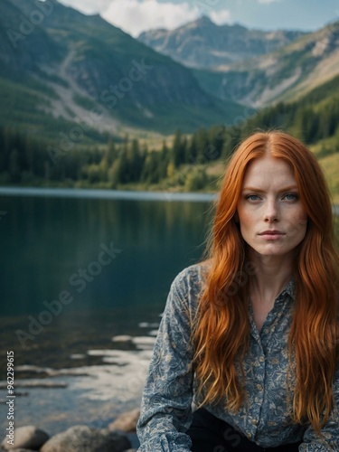 A portrait of a stunning redhead with long hair, set against a mountainous backdrop and Multinsky Lake. Plenty of copy space.