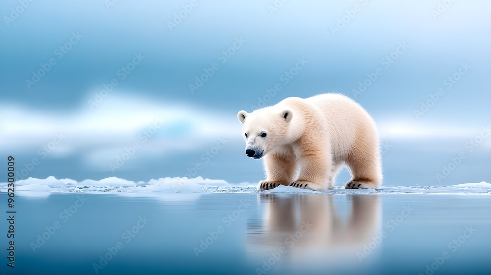 A polar bear standing on ice in the Arctic Ocean, with its reflection visible in the water below A polar bear standing on ice in the Arctic Ocean, with its reflection visible in the water below