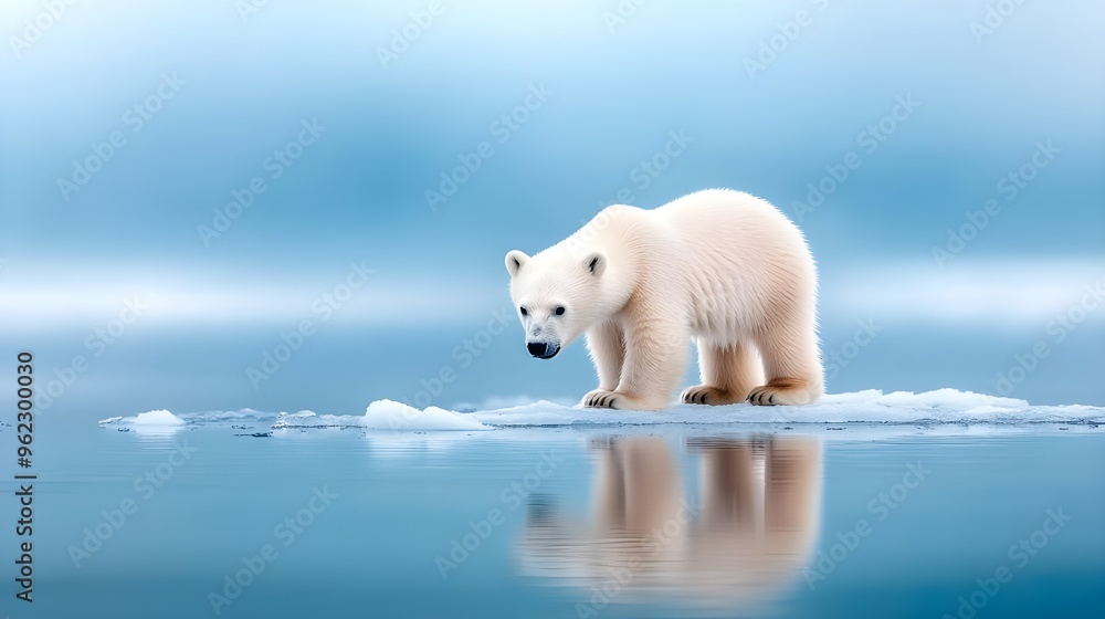 A polar bear standing on ice in the Arctic Ocean, with its reflection visible in the water below A polar bear standing on ice in the Arctic Ocean, with its reflection visible in the water below