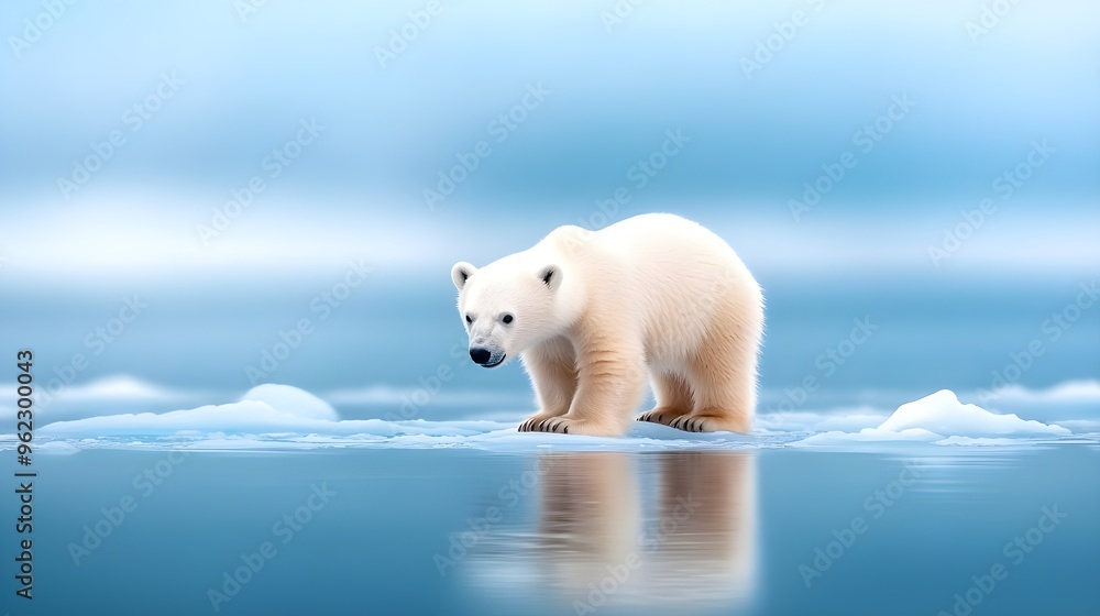 A polar bear standing on ice in the Arctic Ocean, with its reflection visible in the water below A polar bear standing on ice in the Arctic Ocean, with its reflection visible in the water below