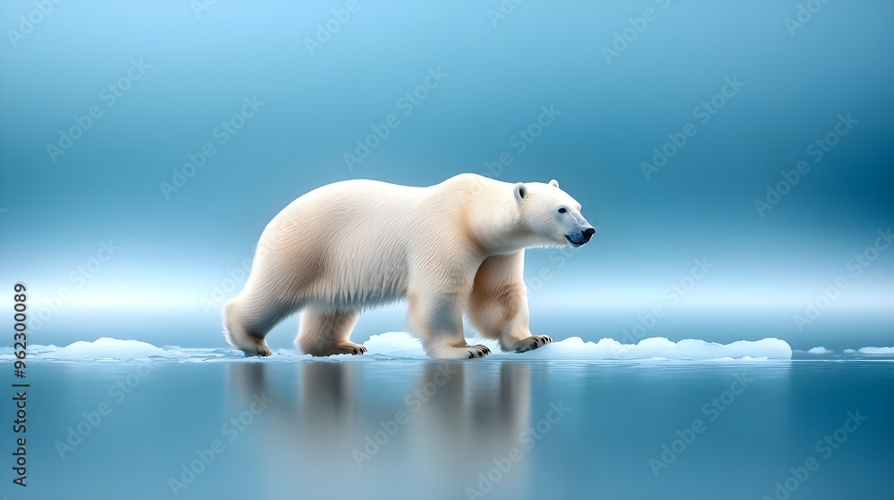 A polar bear standing on ice in the Arctic Ocean, with its reflection visible in the water below A polar bear standing on ice in the Arctic Ocean, with its reflection visible in the water below