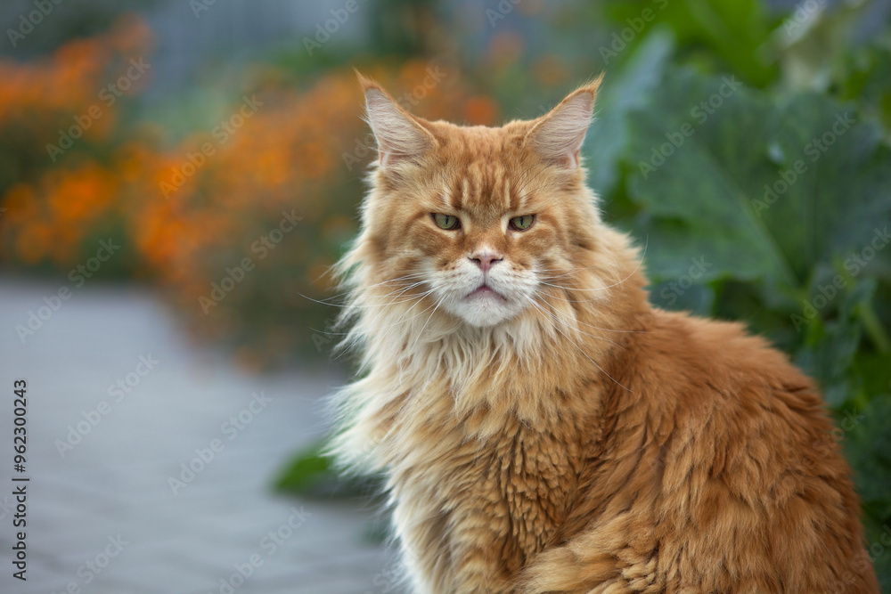 A portrait of a red Maine Coon cat sitting in a garden. Close up. A portrait of a red Maine Coon cat sitting in a garden. Close up.