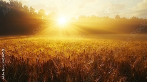  A field of tall grass illuminated by the sun peeking through the trees behind it, while the sky serves as the foreground