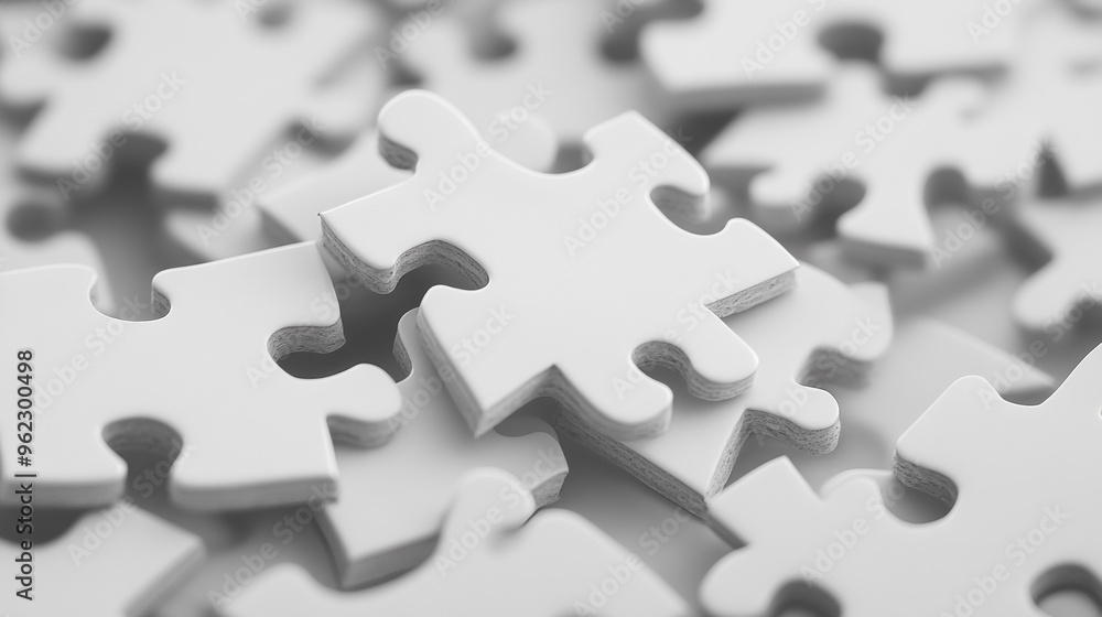 White puzzle pieces scattered on a flat surface, showcasing empty spaces ready for creative assembly and problem-solving White puzzle pieces scattered on a flat surface, showcasing empty spaces ready for creative assembly and problem-solving