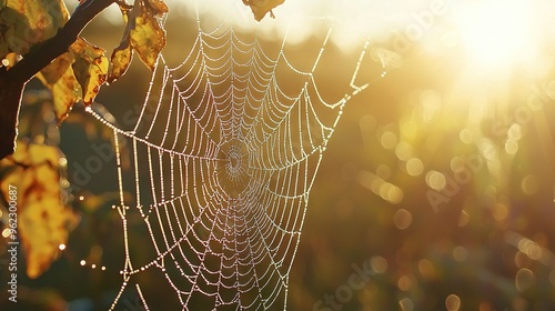   A detailed image of a spider web on a tree limb with sunlight filtering through the foliage behind it